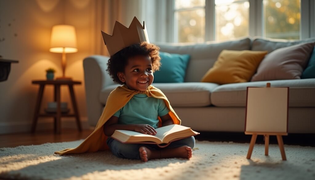 Child in a play cape reading a children’s Bible