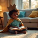 Child in a play cape reading a children’s Bible